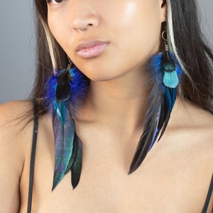 Peut inclure: Une femme aux longs cheveux noirs portant un débardeur noir et de longues boucles d'oreilles en plumes bleues et vertes.