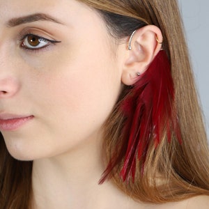 CLEARANCE, LAST CHANCE Red Feather Ear Wrap, statement festival headpiece, Feather Ear Cuff for brides, rouge cosplay maximalist hair slide