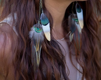 Hippie jewelry, Festival jewelry, Feather jewelry, Bohemian jewelry, Chain earrings, white gold earrings, Feather earrings, Drop earrings,