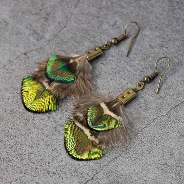 Mini peacock drop delicate earrings, Natural small statement jewellery, Gipsy Hippie Fairy Elf earrings, jewlery, gift for best firend mum