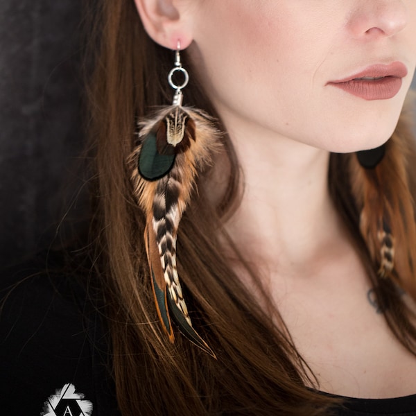 Natural Long Feather Earrings, Rooster Grizzly feathers, Bohemian hippie chic unique statement earrings, best friend gifts, gift for her mom