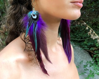 Long feather earrings,  Unique colourful earrings, Purple and blue earrings, Dangle drop earrings, Bohemian boho chic earrings, gift for her