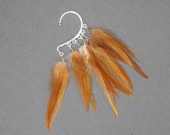 Golden orange feather Ear Wrap, unique statement festival headpiece accessory, brown cosplay maximalist boho hippie hair slide