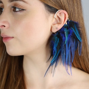 Feather Ear Wrap, Lightweight Ear Cuff with Feathers, Purple and blue feather Cuff, Natural Festival headpiece, no piercing earring cuff image 1