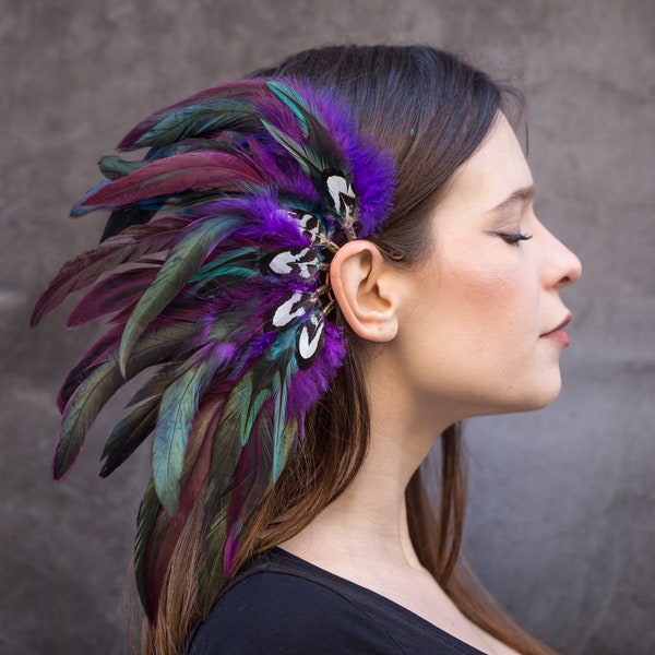 Purple and blue Natural Feather Ear cuff, Colourful Carnival hair accessory, Festival hair, Unique cute ear wrap, Tribal earrings, dress up.