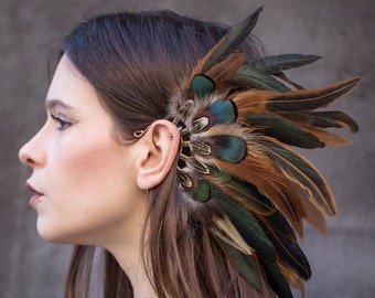 Show costume feather ear cuff, burlesque burningman earcuff, valentines gift for her mom, feather megacon cosplay, hippie boho accessories