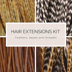 5 Feather Hair Extension DIY Kit, 7-18&#39;&#39; Natural stripped brown grizzly feathers, Hair enhancement additions festival accessory