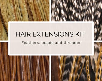 5 Feather Hair Extension DIY Kit, 7-18'' Natural stripped brown grizzly feathers, Hair enhancement additions festival accessory