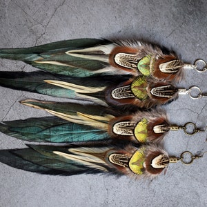 Long earrings, Black & green iridescent boho feather earring, Natural bird feathers, Handmade Summer earrings, Long Drop festival jewellery zdjęcie 3
