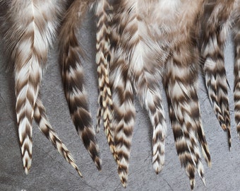 7-12 cm 3-5'' pouces Plumes naturelles de grizzly, crème, noir et gris, Rallonge de cheveux, plumes fines lâches pour travaux manuels et attrape-rêves