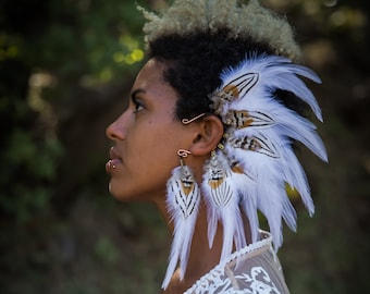 Casque de mariée en plumes naturelles, morceau de cheveux de mariage, accessoires de manchette, boucle d'oreille en plumes blanches, cadeau pour elle, cadeaux de demoiselle d'honneur