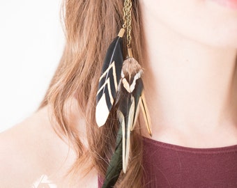 Feather drop chain earrings, Feather jewelry, Long natural Real feathers, Hippie earring, Black and gold, Boho feather earring, gift for her