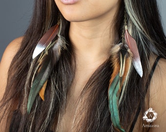 Boucles D'Oreilles Pendantes Plume & Œil De Tigre - Marque Gyppo - Métal Cuivre - Neuf Sans Emballage