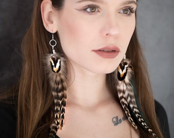 Extra long colourful real feather earrings, Grizzly feathers, Rooster tail, Black and white feathers, Earth colours earrings, gift for her