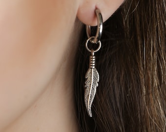 Small unisex delicate dangle stainless steal earrings, Silver colour feather earrings, mens dangle earring, fun unique statement earrings