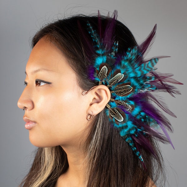 Purple and blue Natural Feather Ear cuff, Colourful Carnival hair accessory, Festival hair, Unique cute ear wrap, Tribal earrings, dress up.