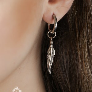 Small unisex delicate dangle stainless steel earrings, 2 in 1 Silver colour feather earrings, mens dangle earring, fun unique statement