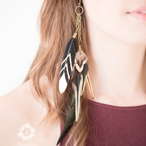 LIQUIDATION DERNIÈRE CHANCE ! Boucles d&#39;oreilles pendantes en forme de goutte, bijoux en plumes, longues vraies plumes naturelles, hippie noir et or, cadeau bohème pour elle