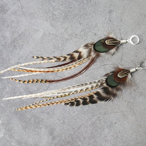 Pendientes de plumas largas naturales, plumas de gallo grizzly, pendientes de declaración únicos boho hippie chic, regalos de mejor amiga, regalo para su mamá