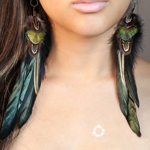 Long earrings, Black & green iridescent boho feather earring, Natural bird feathers, Handmade Summer earrings, Long Drop festival jewellery