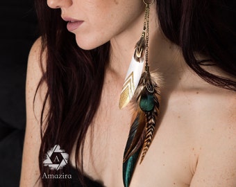 Extra long Turquoise Feather Earring, Striped grizzly tribal earring, Hippie Boho Blue & brown Statement earring, Gift for her, drop earring