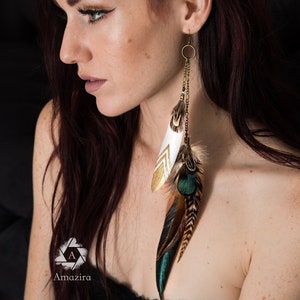 Feather Long Earrings hang far down the model’s neck. Drop chain earrings. White and gold Real natural feathers, etsy bestseller, Amazira. Rooster Grizzly feathers, Boho hippie feather statement, Best friend gift for her