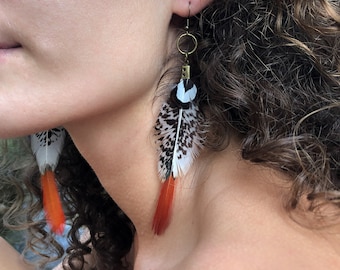 Red feather earrings, Handmade earrings, Summer earrings, Red tip Drop dangle earrings, Boho accessories, gift for her, boho chic festival.
