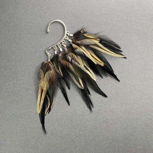 Natural Feather Ear Wrap, Lightweight Ear Cuff with Feathers, Black & Gold feather Cuff, Golden Festival headpiece, no piercing earring cuff