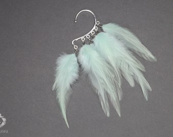 Wrap d'oreille de plumes vert clair, casque de festival de déclaration, brassard d'oreille de plume pour les mariées, barrette de cheveux hippie boho boho maximaliste de mariage