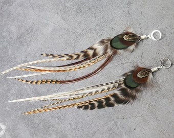 Extra long Turquoise Feather Earring, Striped grizzly tribal earring, Hippie Boho Blue & brown Statement earring, Gift for her, drop earring