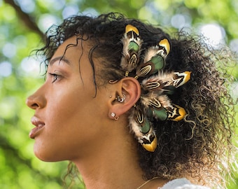 Feather ear wrap, Boho Wedding feather earrings, Feather ear cuff, Tribal earrings, Feather fashion, Feather festival cuff, statement piece