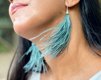 Ostrich feather earrings, Unique tassel earrings, Natural feathers, Dangle earrings, Bohemian summer jewelry, gift for her & mum women