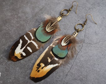 Green & golden real handmade feather earring, Unique natural bird feathers, Boho chic hippie fun feather drop earring, gift for her mom