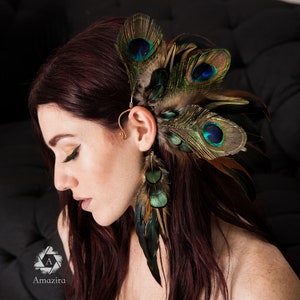 Peacock wedding ear cuff, Bridal feather, Long peacock feathers, Natural feathers, Real feathers, Festival earrings, Feather statement piece