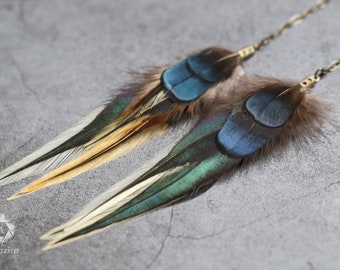 Ohrhänger, blaue Ohrringe, Boho-Federohrring, Boho-Schmuck, Kettenohrringe, Hippie-Schmuck, Festival-Schmuck, Federschmuck