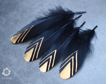 Gold painted pattern black feather, 15-20 cm, 6-8 inches, Loose goose feather for crafter. FREE SHIPPING available, home decor, gift for her