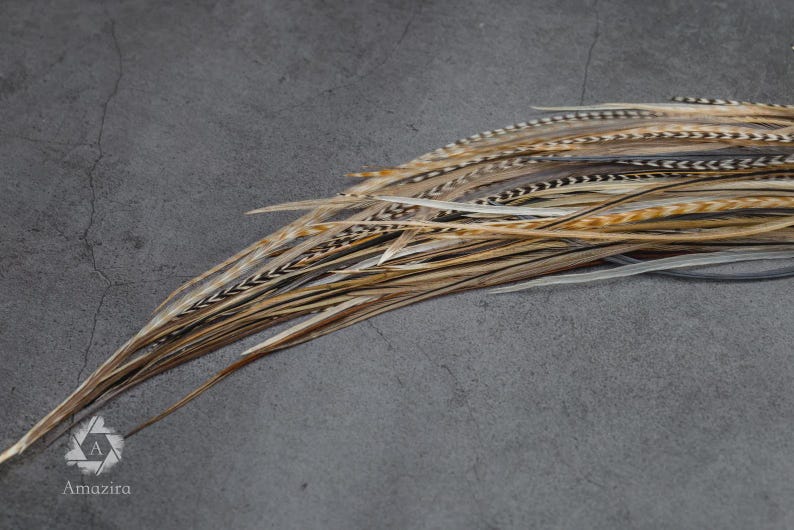 5 Feather Hair Extension DIY Kit, 7-18'' Natural stripped brown grizzly feathers, Hair enhancement additions festival accessory image 6