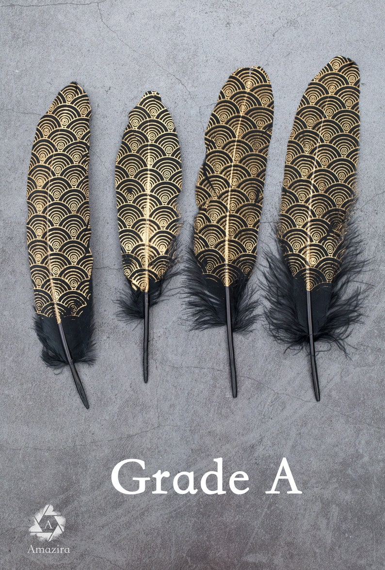 Gold painted pattern black feathers, 17-20 cm, 6-8 inches, Loose goose smudge feathers. FREE SHIPPING available, cosplay decorative feather zdjęcie 1