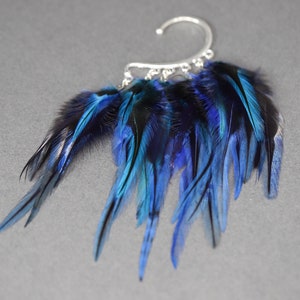 Feather Ear Wrap, Lightweight Ear Cuff with Feathers, Purple and blue feather Cuff, Natural Festival headpiece, no piercing earring cuff image 3