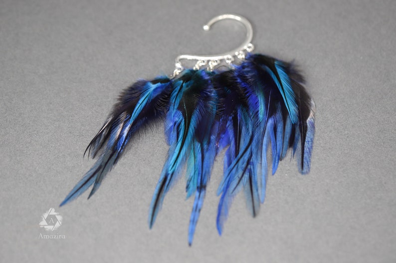 Feather Ear Wrap, Lightweight Ear Cuff with Feathers, Purple and blue feather Cuff, Natural Festival headpiece, no piercing earring cuff image 3