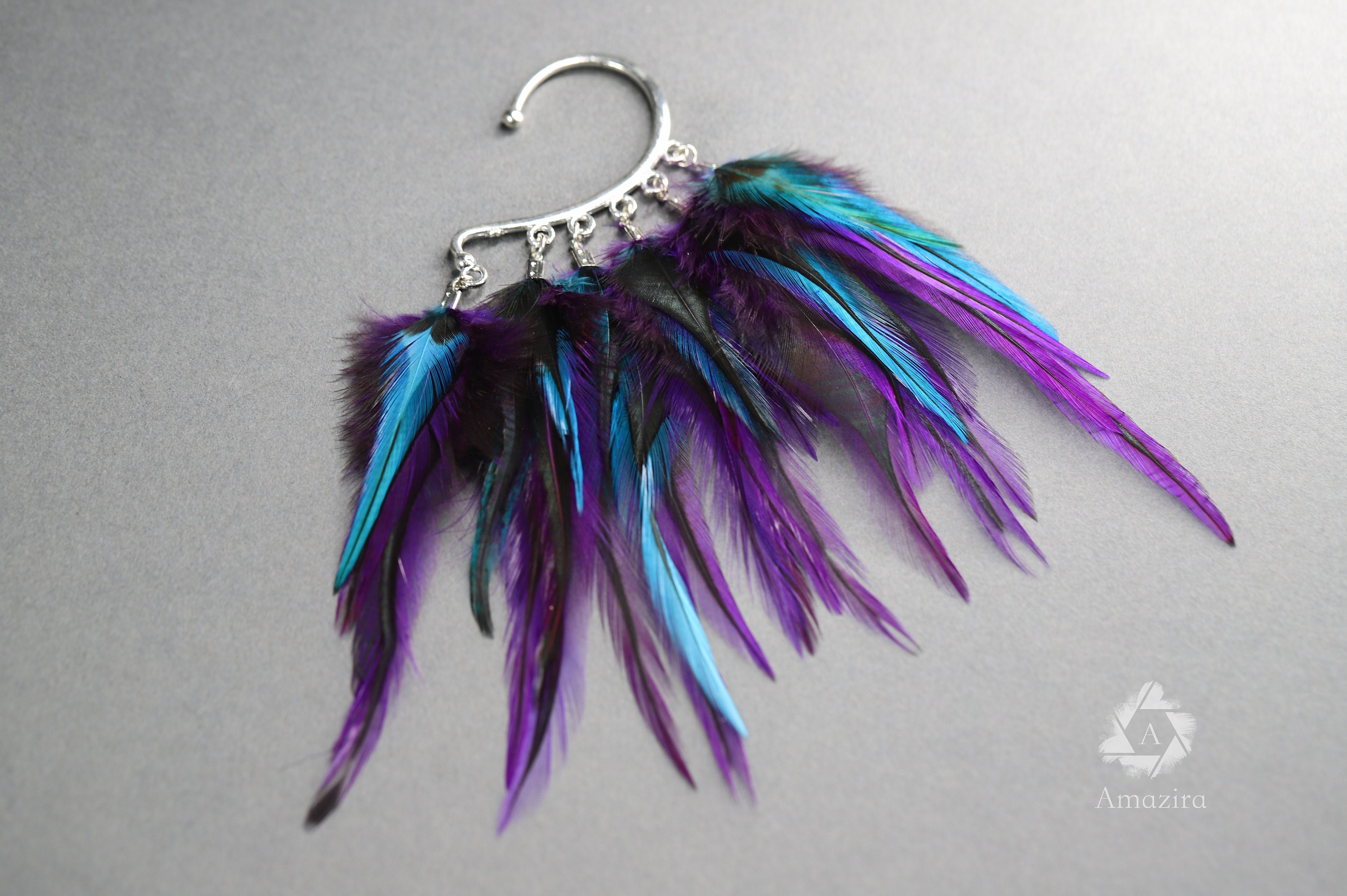 Vibrant Feather Ear Cuff in black and neon blue, green and deep purple Feather Ear Wrap, Lightweight Ear Cuff With Feathers, Purple  main image 3