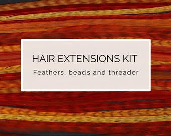 5 Sunset Real Feather hair extension kit, 20-25 cm / 9-11'' bright Red & Orange striped, boho hippie festival summer accessories