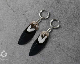 Unisex detachable hoop earrings, handmade black feather earring, small silver colour statement minimalist earring for men, gift for him her
