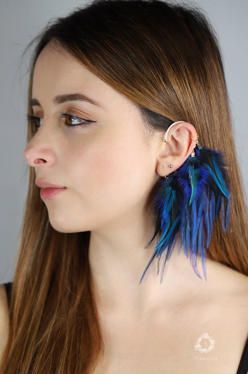 Feather Ear Wrap, Lightweight Ear Cuff with Feathers, Purple and blue feather Cuff, Natural Festival headpiece, no piercing earring cuff image 1