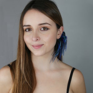 Feather Ear Wrap, Lightweight Ear Cuff with Feathers, Purple and blue feather Cuff, Natural Festival headpiece, no piercing earring cuff image 7