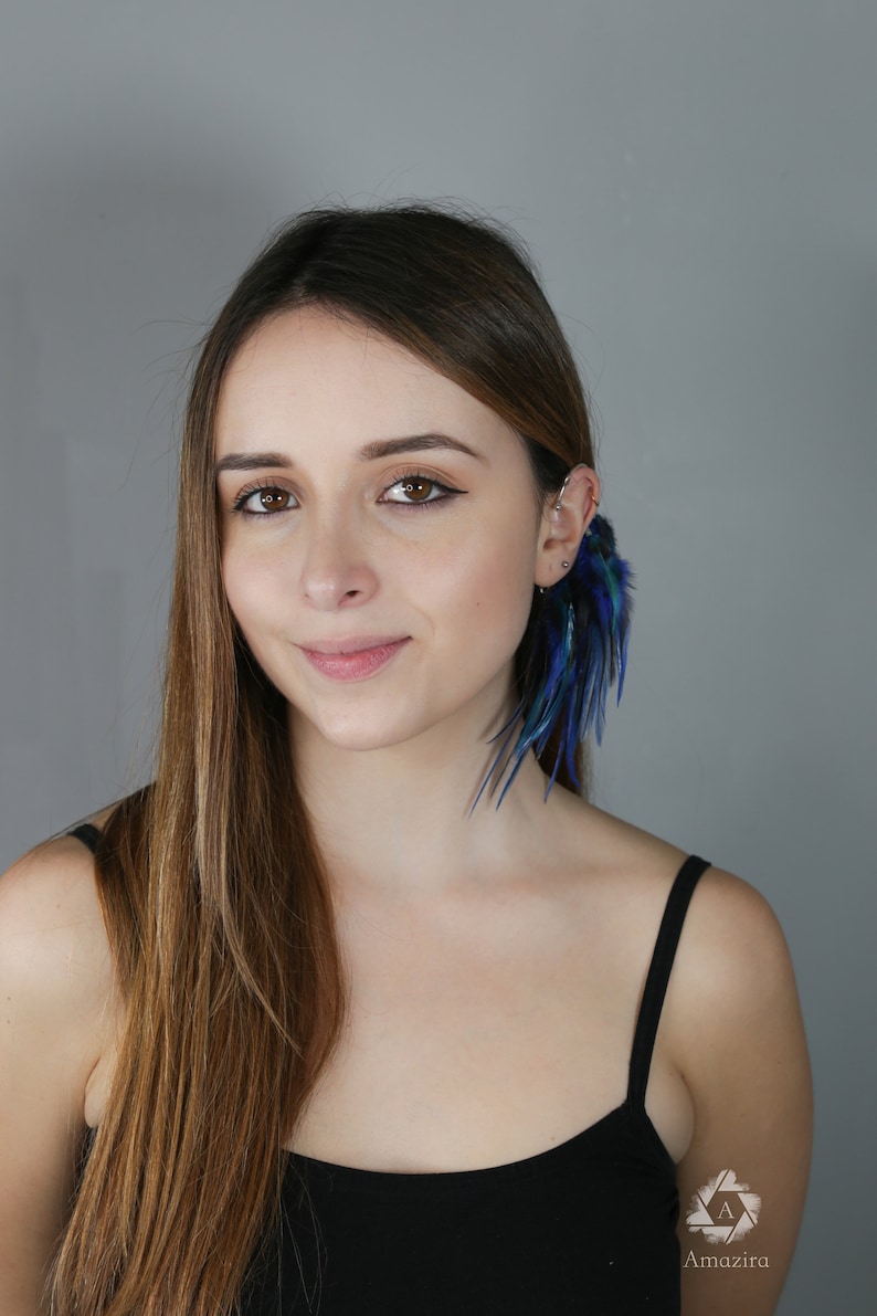 Feather Ear Wrap, Lightweight Ear Cuff with Feathers, Purple and blue feather Cuff, Natural Festival headpiece, no piercing earring cuff image 7