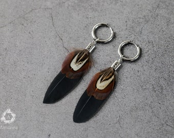 Unisex detachable hoop earring, handmade black brown feather earring, small silver colour statement minimalist earring for men, gift for him