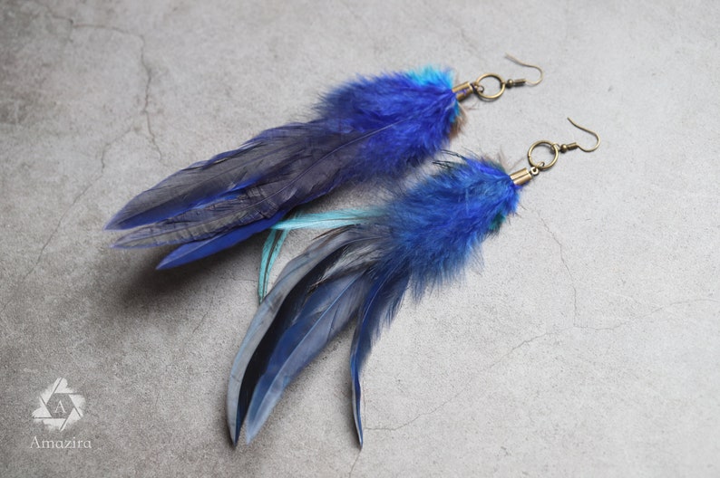 Lange blaue einzigartige Federohrringe, Boho Festival Schmuck, natürliche echte Vogelfedern, lange Tropfenohrringe, Boho Hippie Statement, Geschenk Bild 5