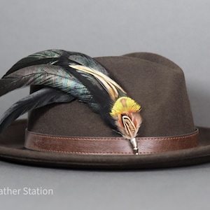 Peut inclure: Un chapeau fedora marron avec une bande en cuir marron et une plume décorative. La plume présente des teintes noires, sarcelle, jaunes et marron. Le chapeau est posé sur un fond gris.