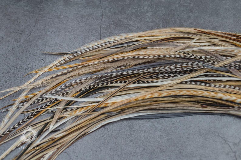 5 Feather Hair Extension DIY Kit, 7-18'' Natural stripped brown grizzly feathers, Hair enhancement additions festival accessory image 8